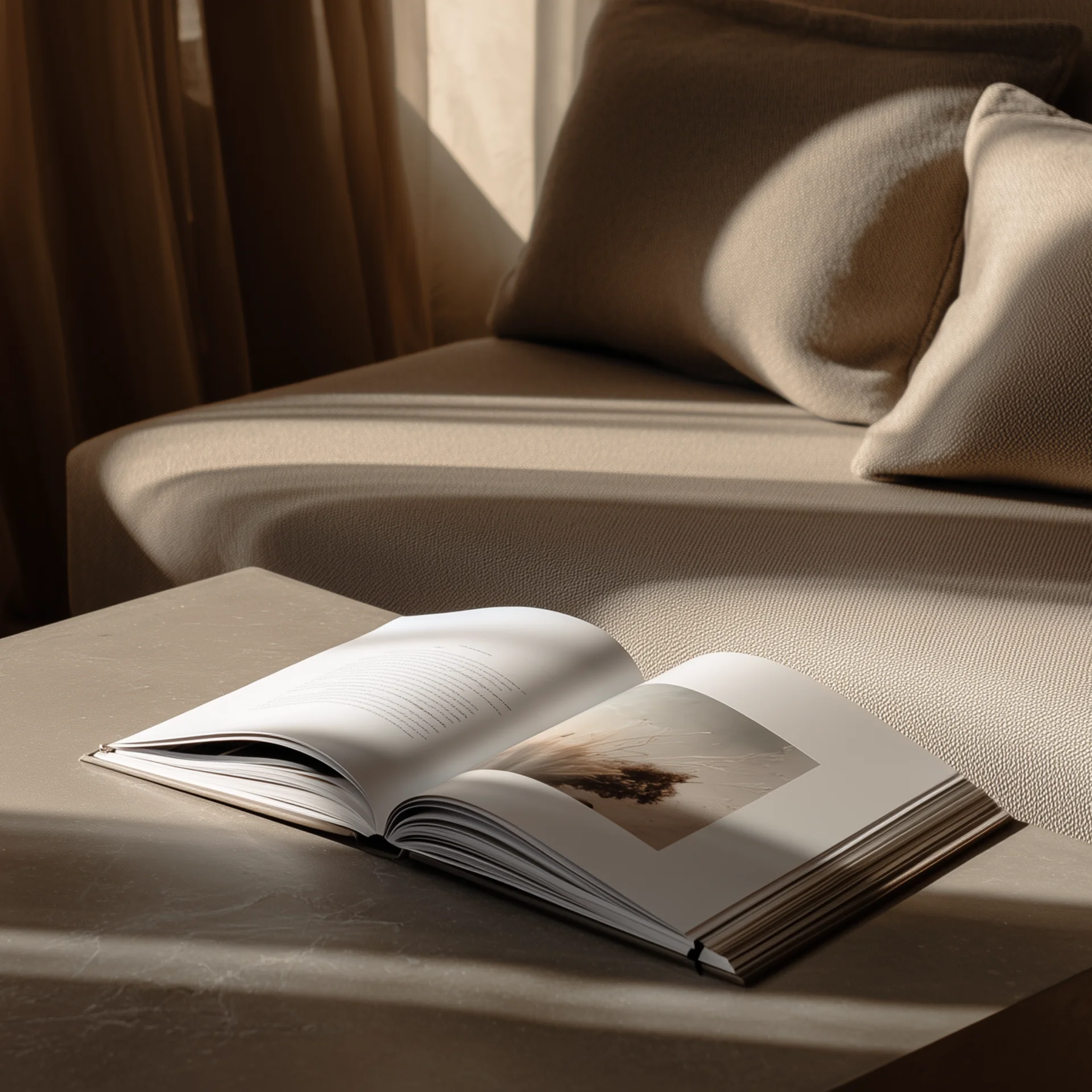 Die Mediendesign-Agentur mit Blick fürs Wesentliche Offenes Buch auf Tisch vor beigem Sofa in warmem Tageslicht