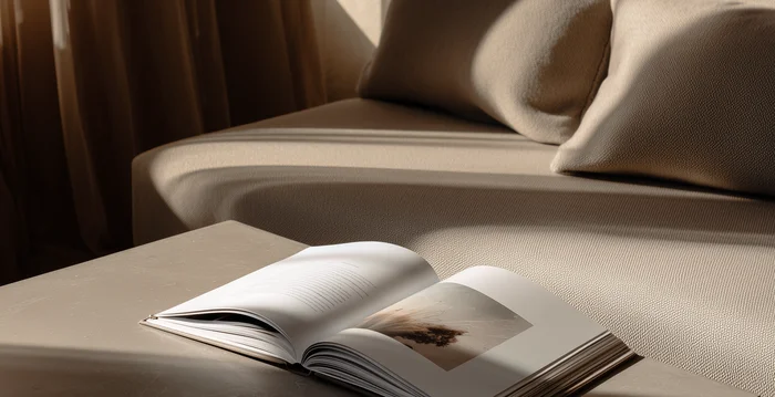 Marketing per hotel – la vostra agenzia di marketing per hotel in Alto Adige Libro aperto su tavolo davanti a divano beige con luce naturale calda