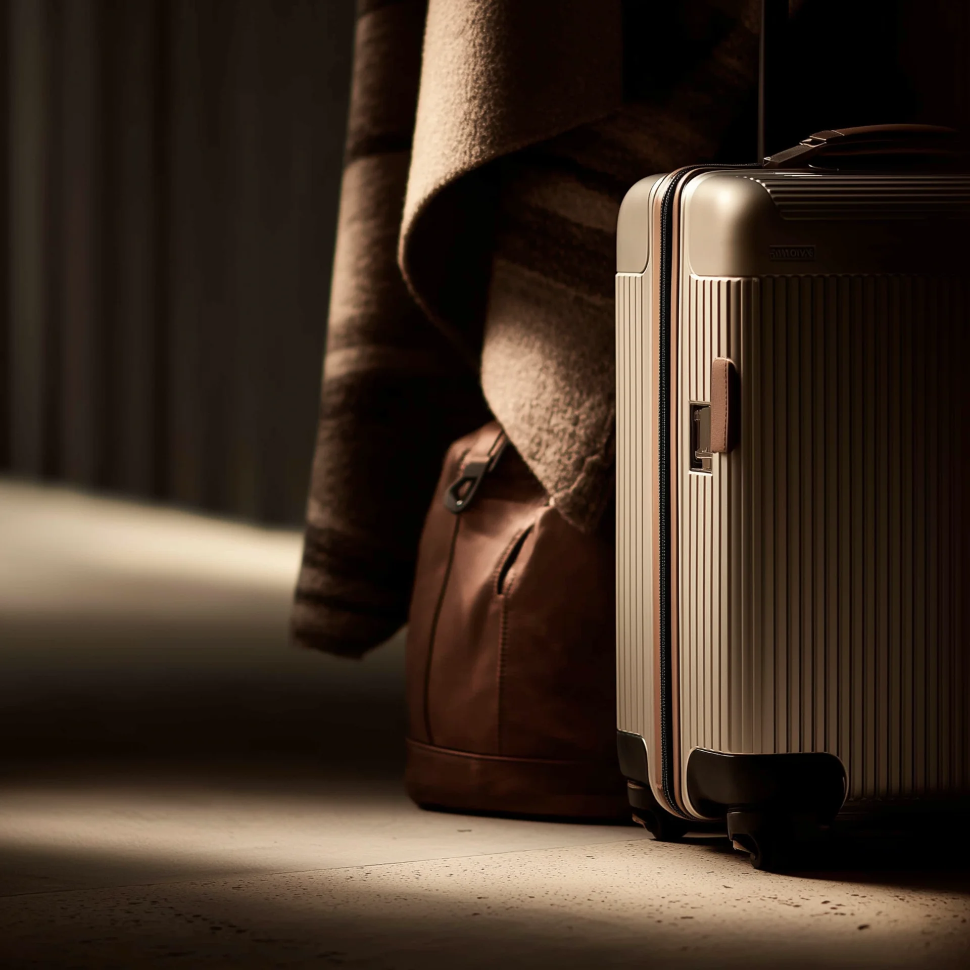 Strategische Hotelberatung vom Profi Reisekoffer und Ledertasche neben einer gehängten Jacke bei schwachem Licht