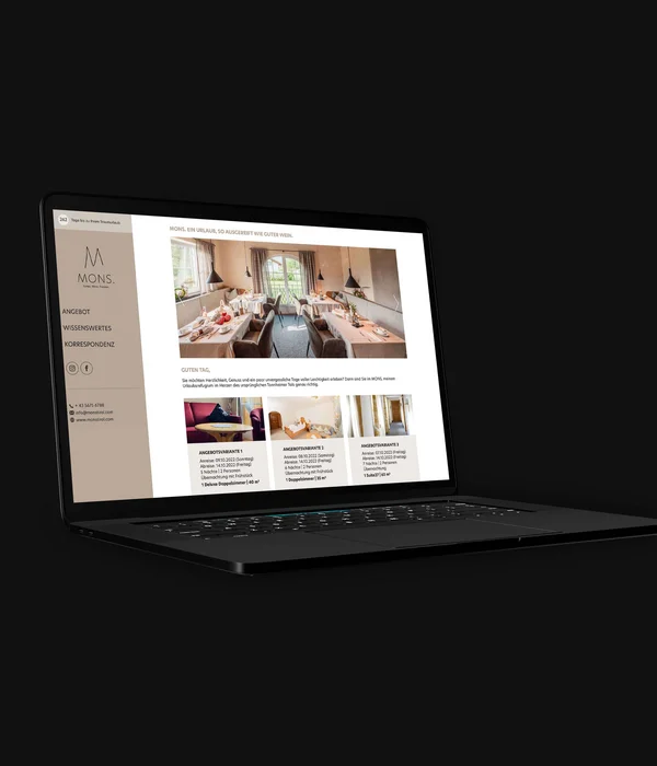 Wein, Hotel und Marketing – ein leckeres Trio Laptop zeigt Webseite eines Hotels mit Gastronomie und Zimmerangeboten