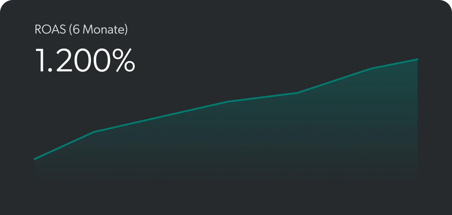 Der Kampagnenmanager für eine Steigerung von ROAS und ROI Diagramm zeigt ROAS über 6 Monate mit 1200 Prozent Steigerung