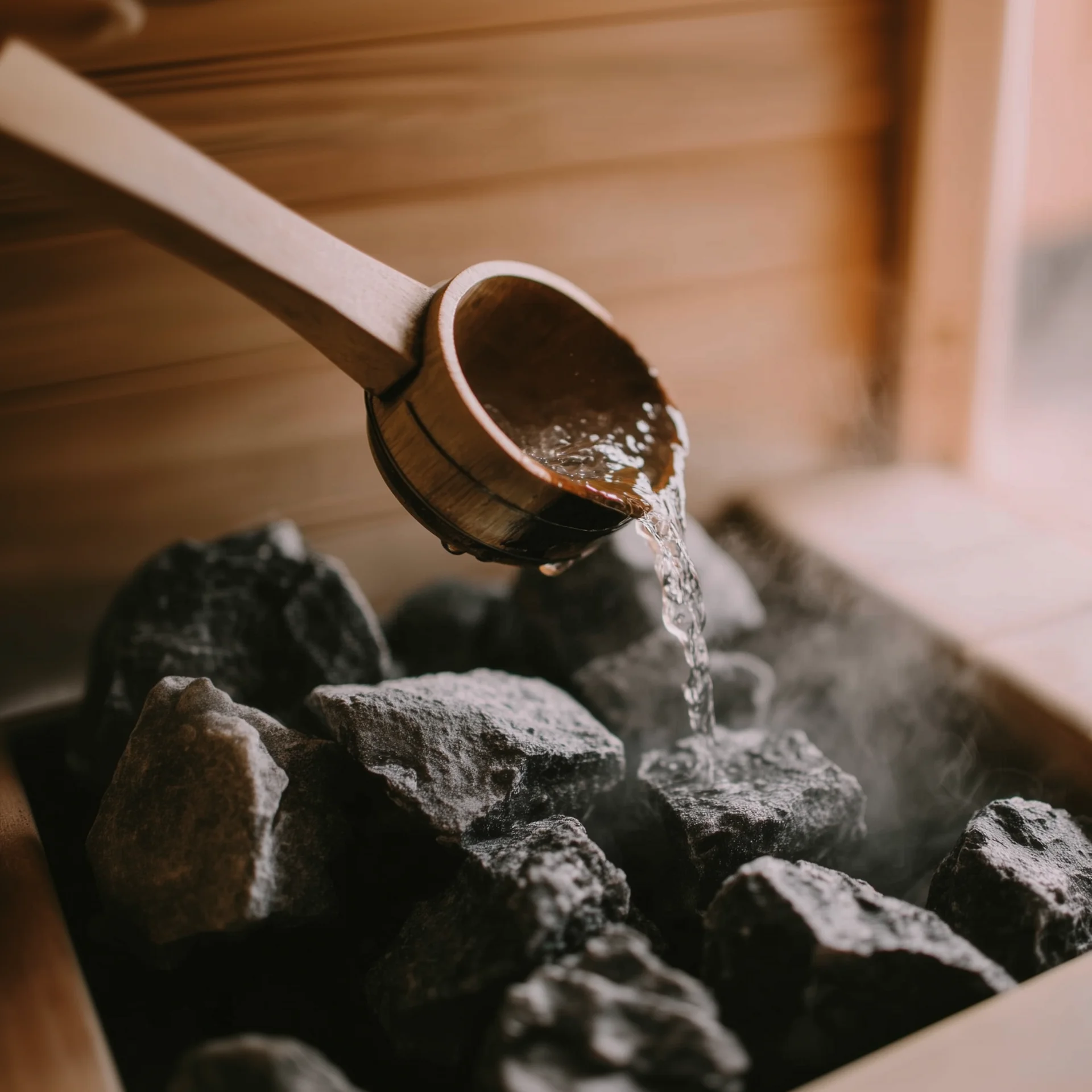 GEO-Agentur und KI-Strategie für Hotels: Sichtbar für ChatGPT und andere LLM Wasser wird mit einer Holzschöpfkelle auf heiße Steine in der Sauna gegossen