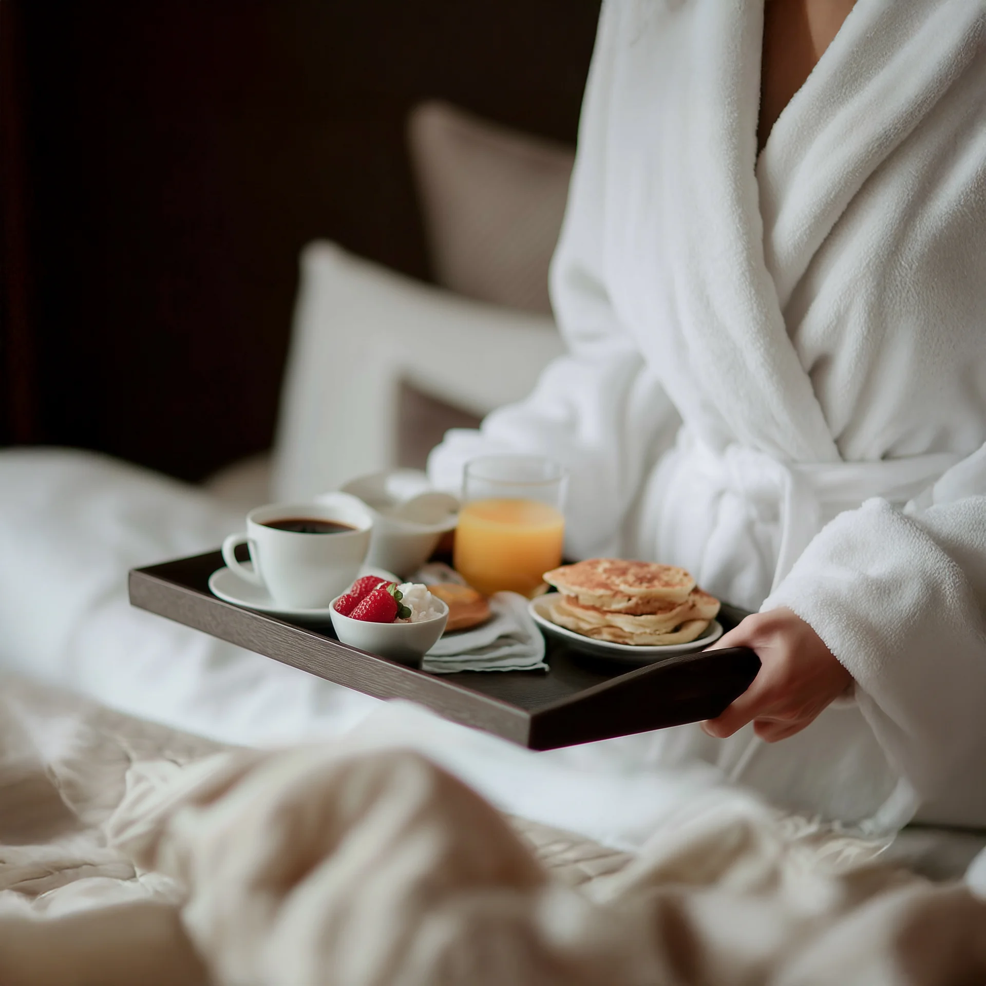 Social Media Agentur Südtirol – Content Marketing für Hotels Frühstückstablett mit Kaffee, Orangensaft, Pfannkuchen und Erdbeeren im Bademantel gehalten