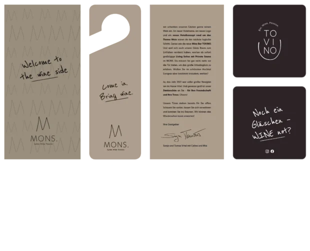 Brandnamic: Hotellösungen von Hospitality-Experten Willkommenskarte und Türhänger mit Wein-Thema vom MONS Hotel