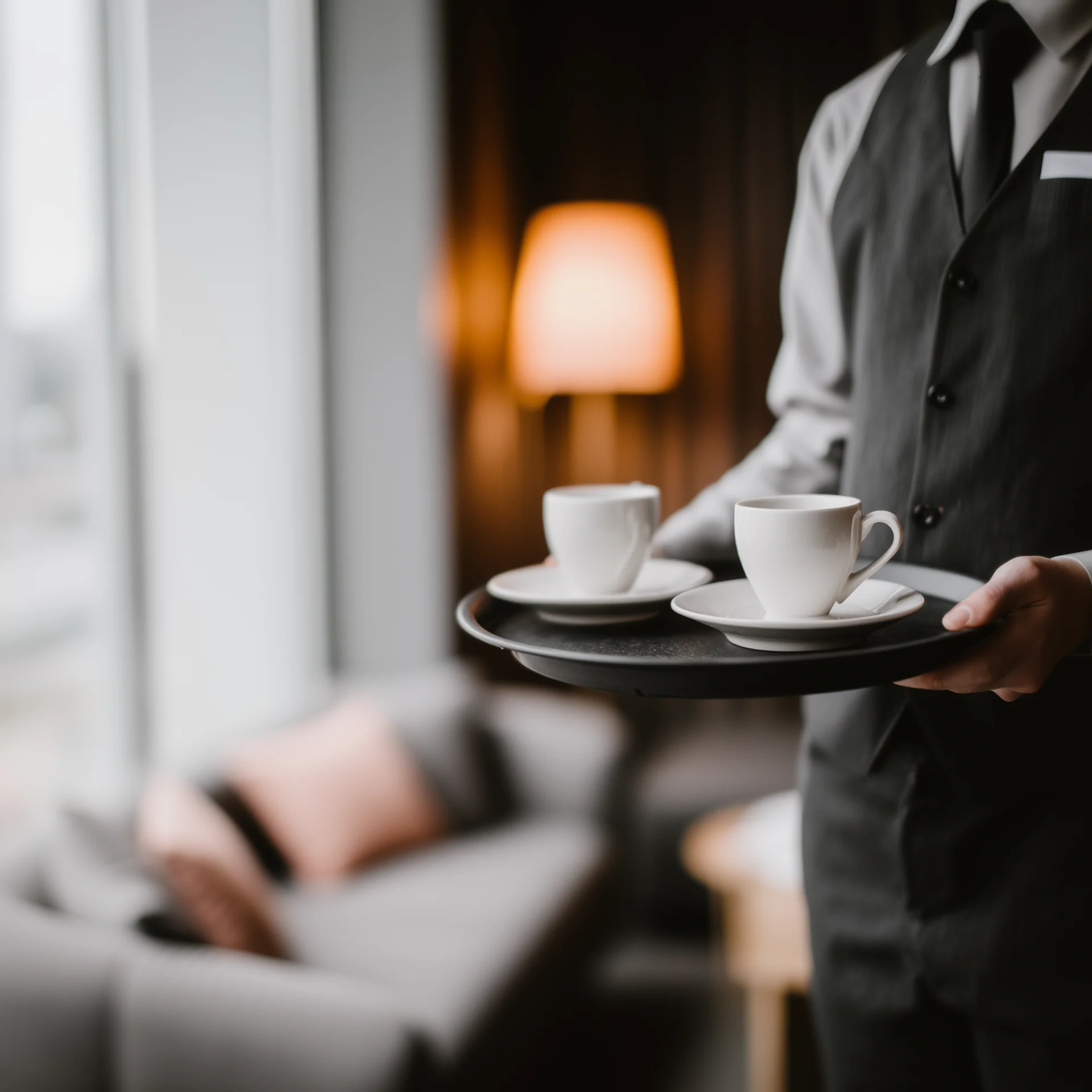 Ohne Kommunikationskonzept bringen Kampagnen halb so viel Kellner trägt zwei Tassen Kaffee auf Tablett in gemütlichem Hotelzimmer
