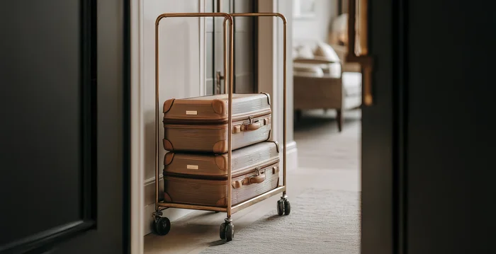 Marketing per hotel – la vostra agenzia di marketing per hotel in Alto Adige Due valigie marroni su un carrello dorato in una stanza d'albergo elegante