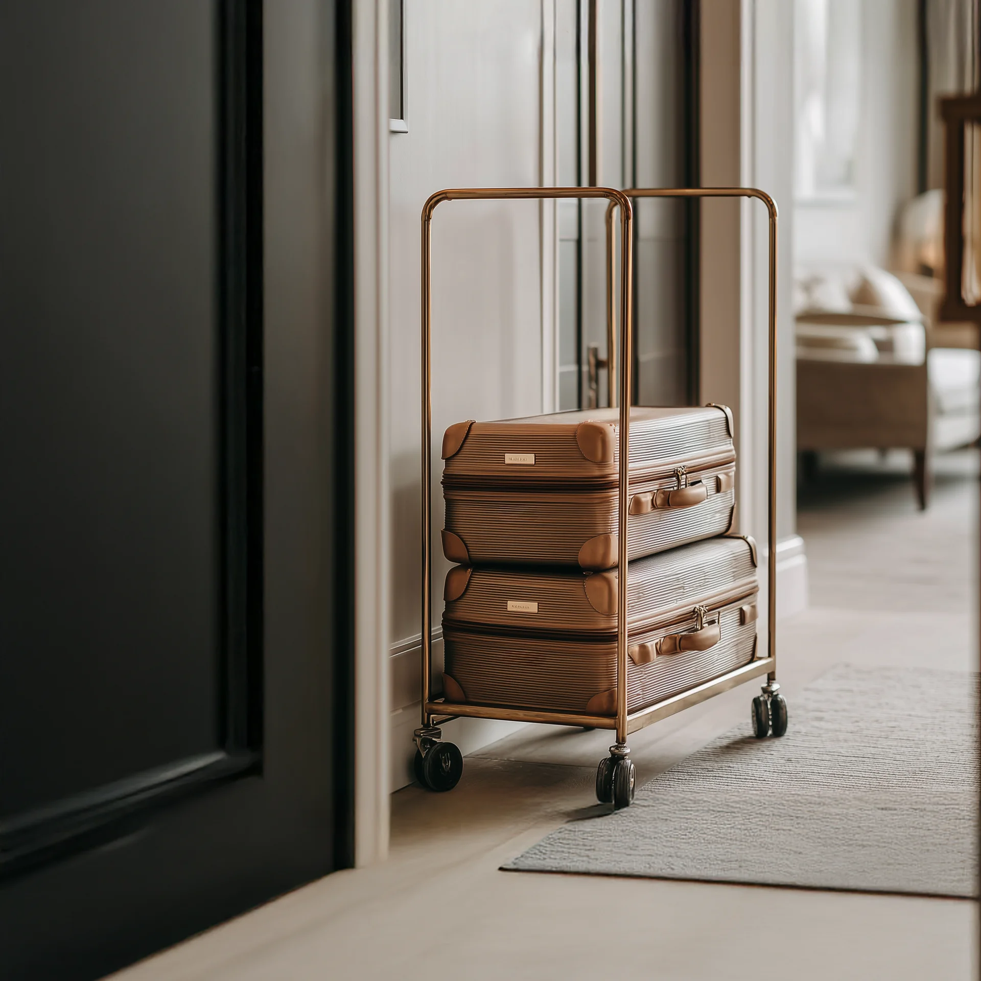 Website erstellen lassen für Hotels – mit Brandnamic zum digitalen Erfolg Zwei braune Koffer auf einem goldenen Gepäckwagen in einem eleganten Hotelzimmer