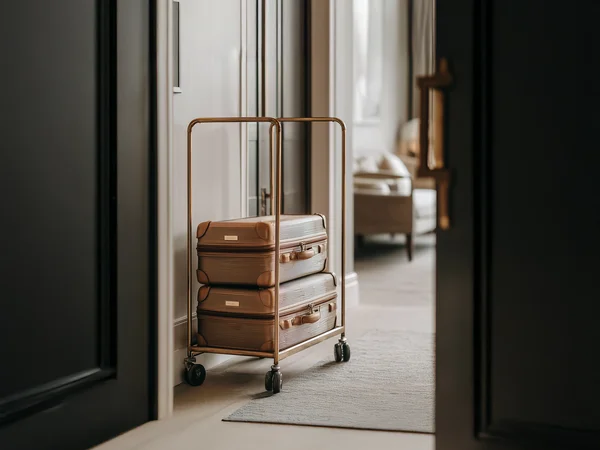 Marketing per hotel – la vostra agenzia di marketing per hotel in Alto Adige Due valigie marroni su un carrello dorato in una stanza d'albergo elegante