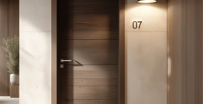 Marketing per hotel – la vostra agenzia di marketing per hotel in Alto Adige Porta d'ingresso moderna con numero 07 e lampada sospesa