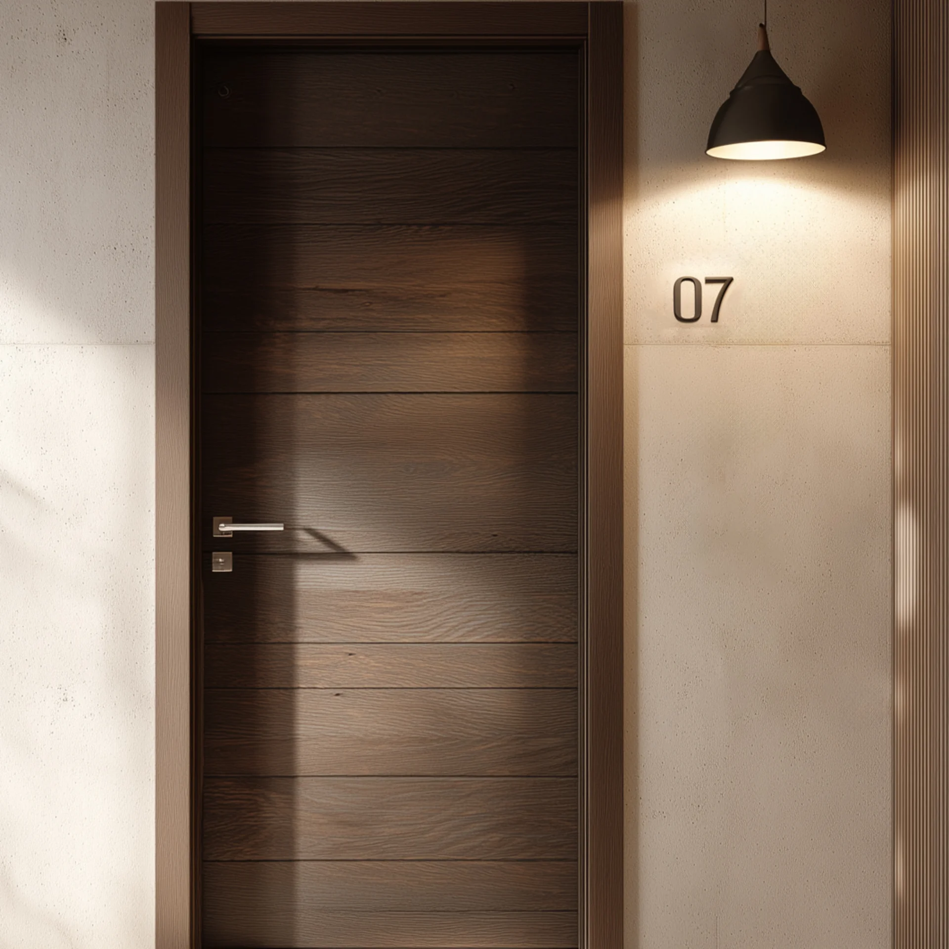 Ein Logo erstellen lassen? Warum nicht von den Experten dafür Moderne Wohnungstür mit Nummer 07 und hängender Lampe