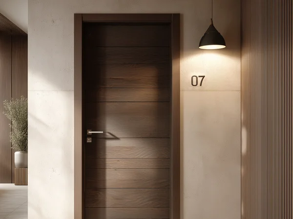 Marketing per hotel – la vostra agenzia di marketing per hotel in Alto Adige Porta d'ingresso moderna con numero 07 e lampada sospesa