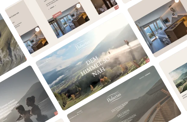 Brandnamic: Hotellösungen von Hospitality-Experten Website mit Bildern von Berglandschaften und modernen Zimmern im Hotel Hubertus
