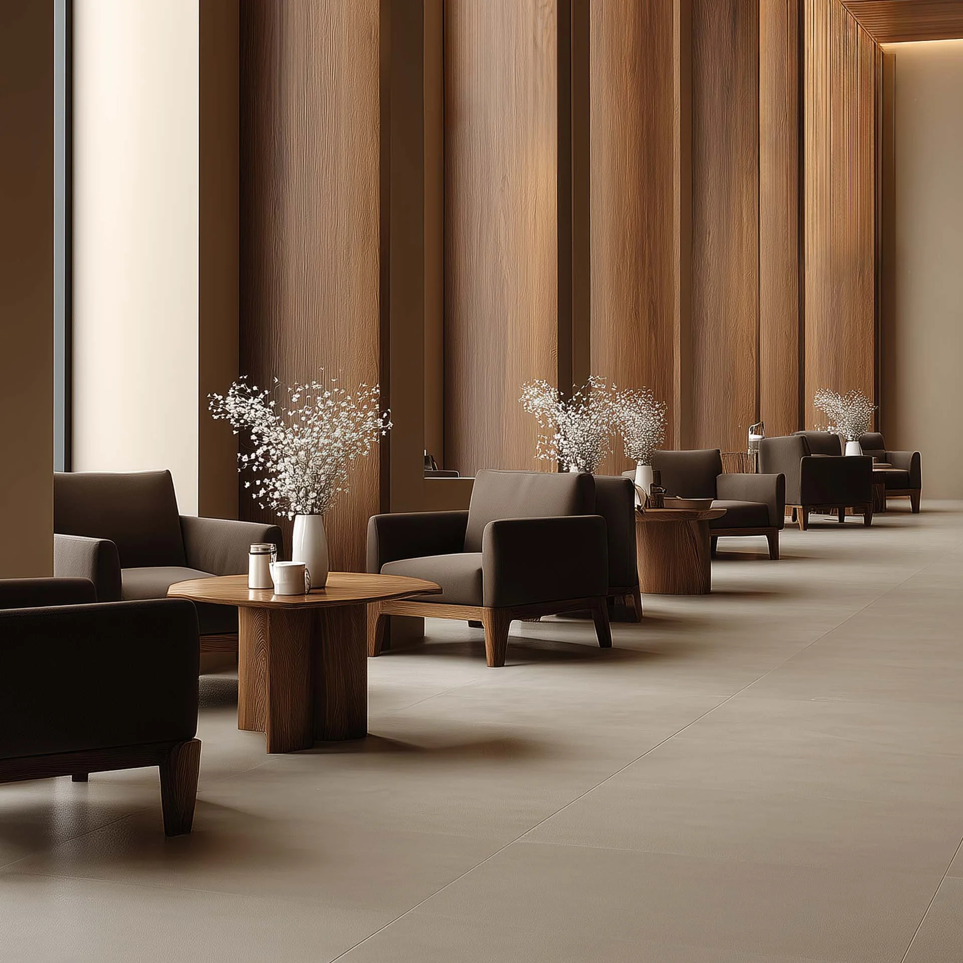 Die Partner im Hospitality-Universum Moderne Lounge mit Holzvertäfelung, Sesseln und Tischen mit Blumenvasen