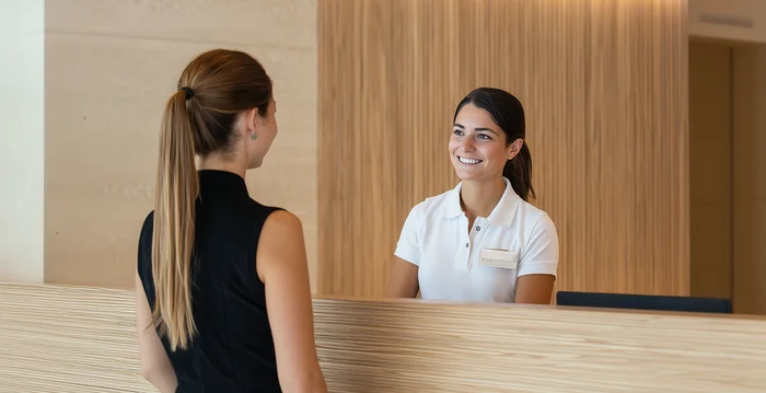 Marketing per hotel – la vostra agenzia di marketing per hotel in Alto Adige Receptionist accoglie donna alla reception moderna dell'hotel