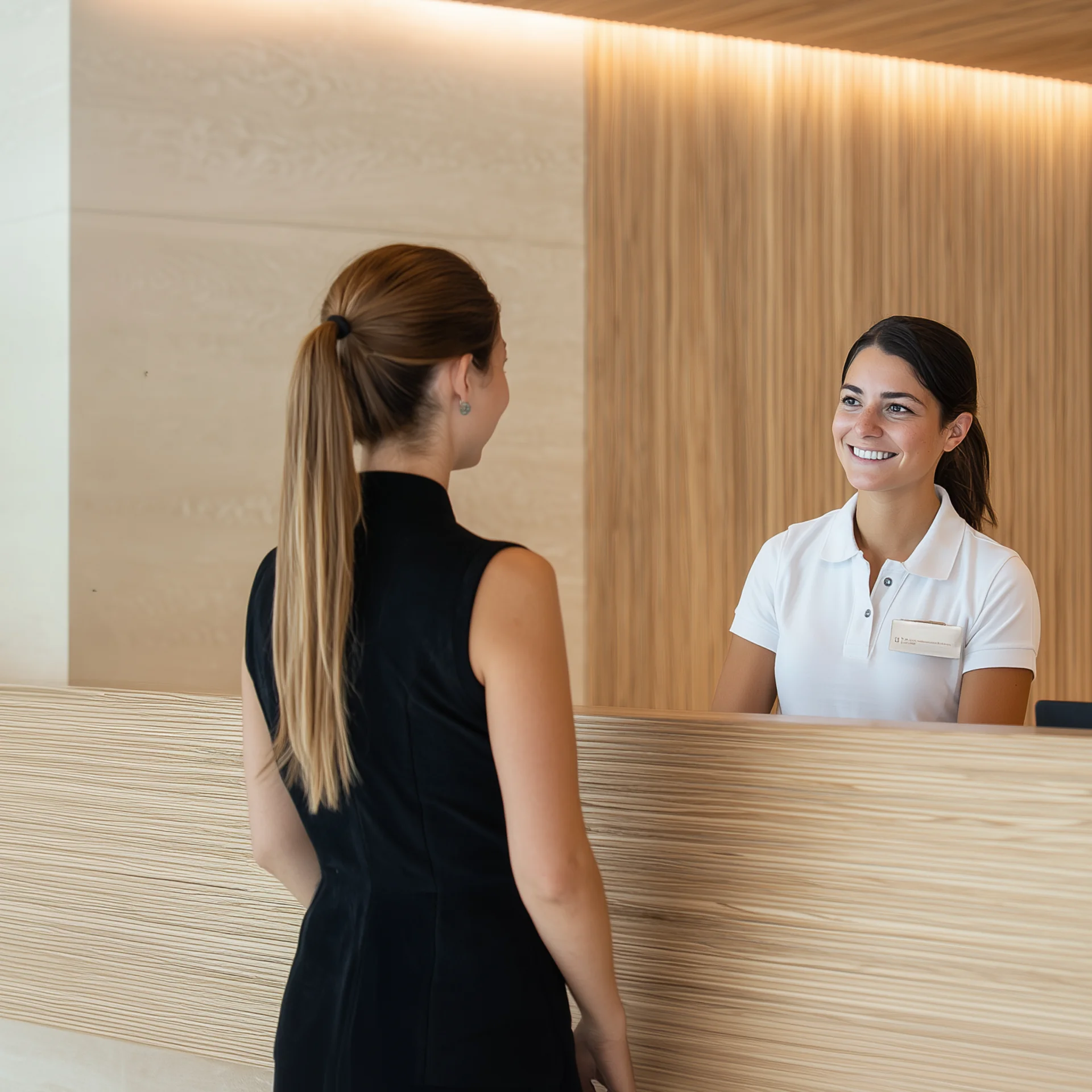 Die Copywriting-Agentur für treffende Texte und Übersetzungen Rezeptionistin begrüßt Frau am modernen Hotelempfang