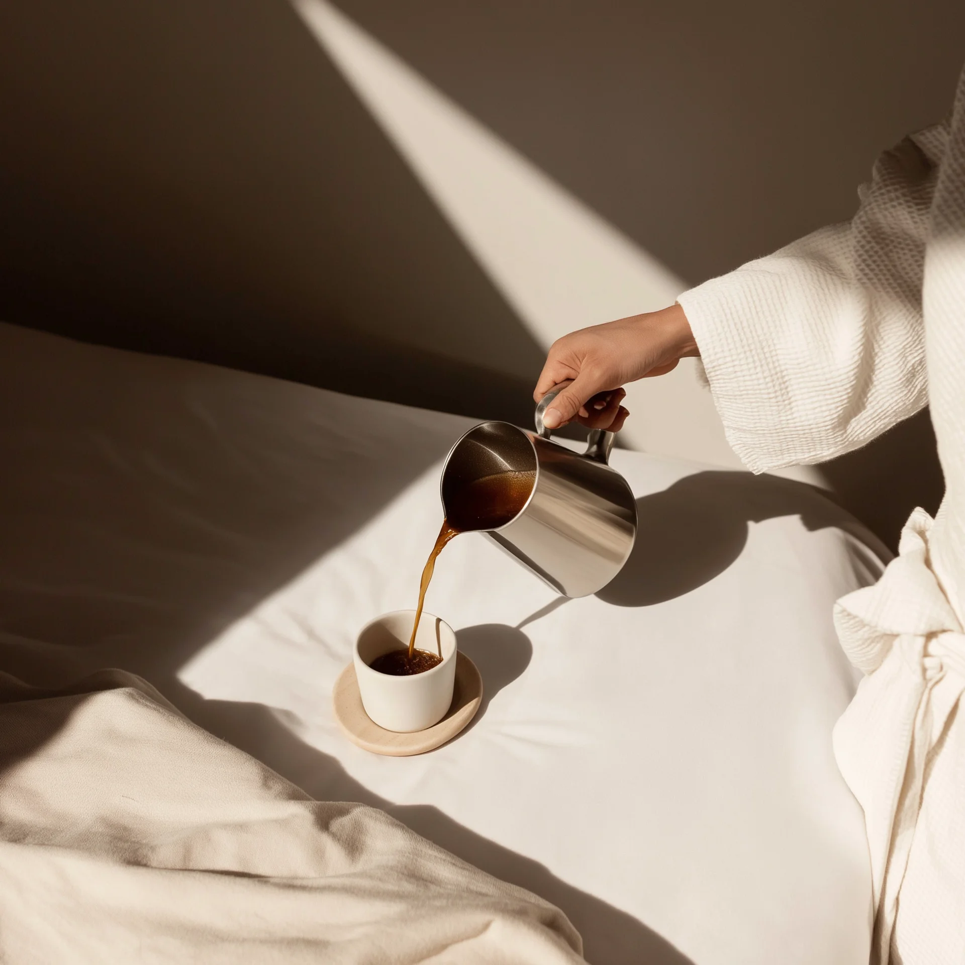 Hotelcoaching von Expertinnen und Experten Hand gießt Kaffee aus Metallkanne in Tasse auf Bett mit Tageslicht