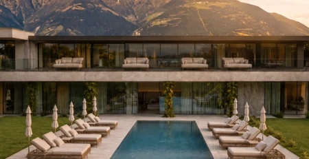 The best references for our hotel marketing Modern hotel with outdoor pool and loungers against a mountain backdrop